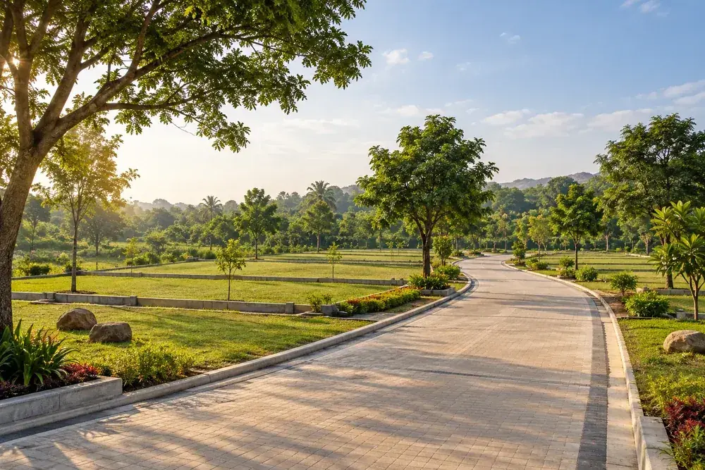 Illustrative plotted development with landscaped surroundings; not a project photograph