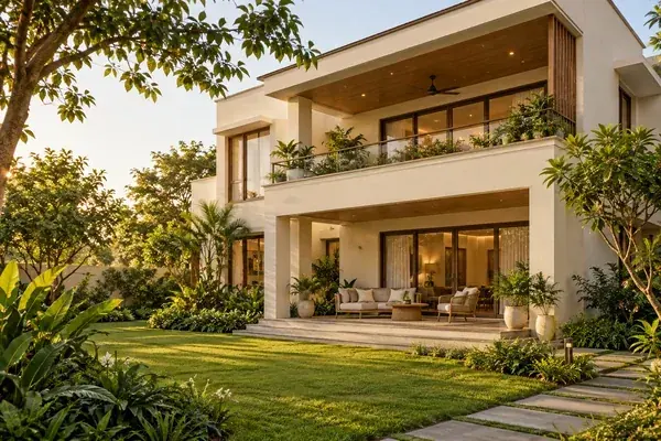 Illustrative contemporary villa and private garden